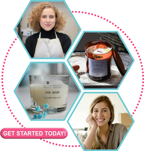 Two female entrepreneurs smile confidently, showcasing their fragrant candle creations after successfully launching their businesses with Candle Making Business Plans and Templates. Two of their handcrafted candles are elegantly displayed on tables.